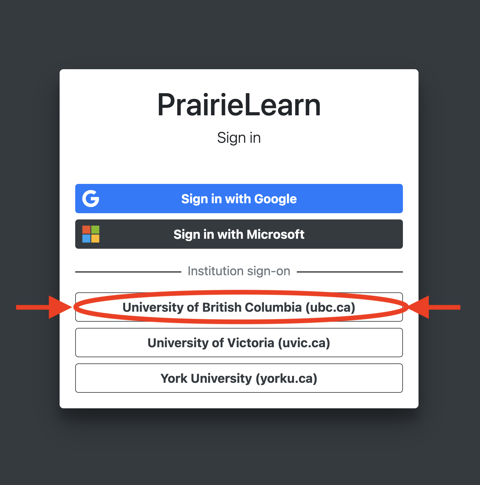 Login options for PrarieLearn, arrows are pointing to 'Sign in with UBC'