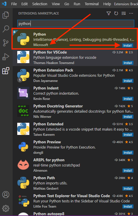 Pointing to the VS Code for Python extension by Microsoft in the list of extensions. Click 'Install'